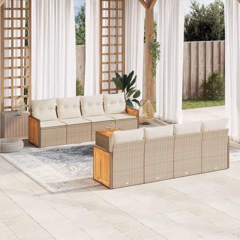 vidaXL Set Divano da Giardino 9 pz Moderno con Cuscini Beige e Tavolino da Esterno in Polyrattan e Acciaio