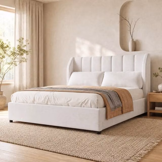 Letto imbottito 140x200 cm con rete a doghe; testiera trapuntata in velluto beige