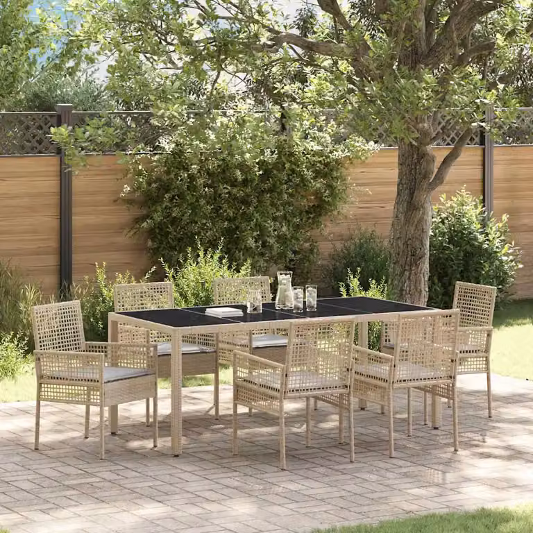 Set da pranzo per giardino e terrazzo vidaXL in polyrattan beige con tavolo in vetro, 7 pezzi