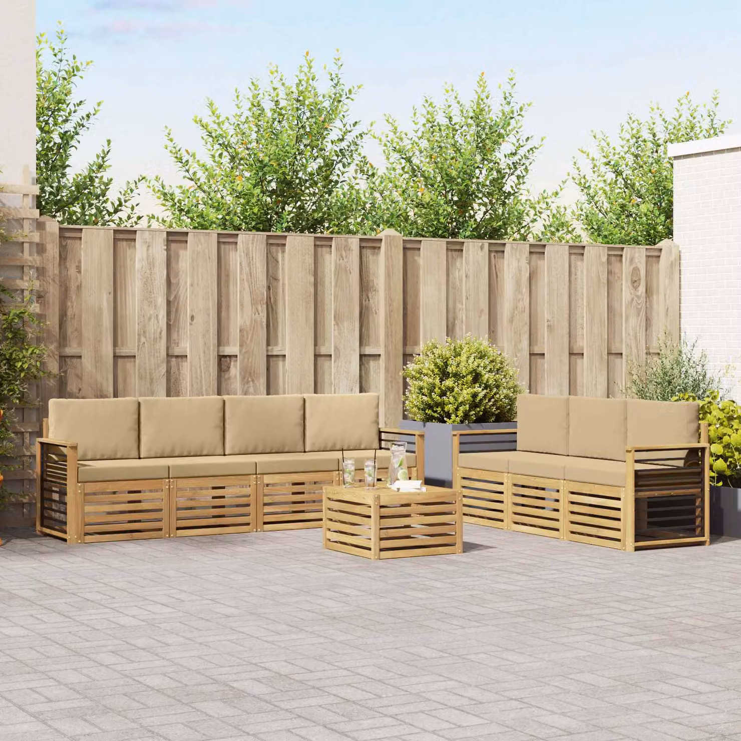 Set divani da giardino vidaXL a forma di U in legno di acacia con cuscini beige, 8 pezzi