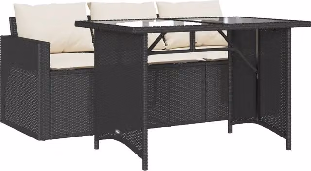 Set da Pranzo da Giardino 2 Pezzi in Polyrattan Nero con Piano in Vetro e Cuscini Bianchi – 1