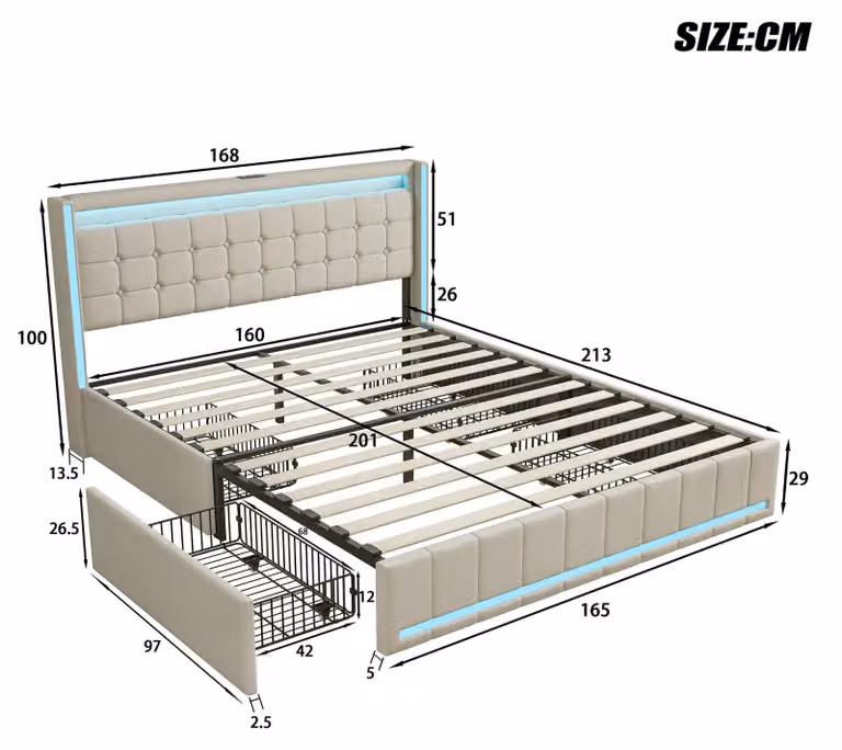 Letto matrimoniale imbottito 160x200 cm - Con rete a doghe - Testiera con LED - 4 vani contenitori - Porta USB - Tessuto di lino - Beige