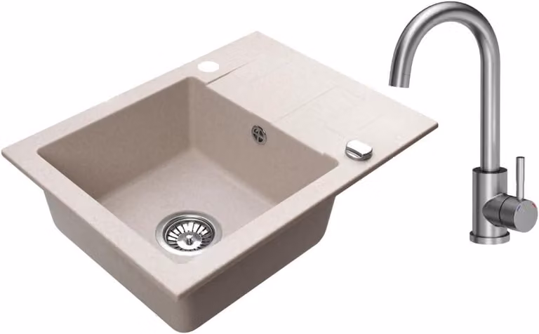 VBChome Lavello in granito 59 x 44 cm Beige con rubinetto Lavello da incasso a vasca singola Reversibile Speckled Lavello di facile manutenzione con sifone