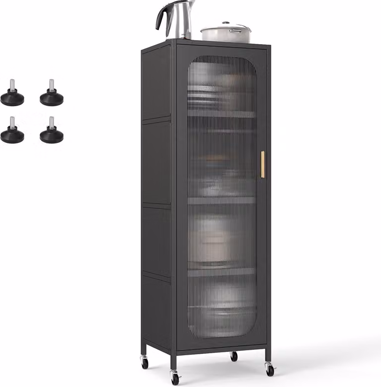 KOMFOTTEU Mobile da cucina con rotelle, mobile buffet a 5 livelli con ripiani regolabili, mobile alto con anta trasparente, mobile multiuso per sala da pranzo, soggiorno, 45 x 40 x 141 cm (nero)