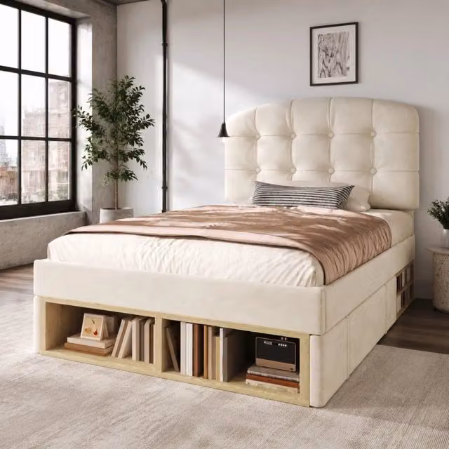 Letto imbottito 90x200 cm in velluto beige con testiera regolabile, cassetti e vani contenitore