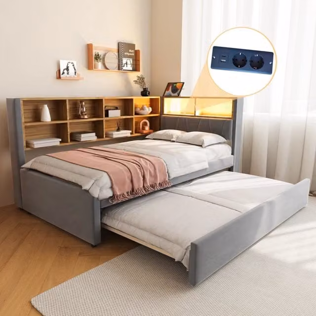 Letto divano estraibile 90×200 cm e 90×190 cm 2 posti con LED, USB e Type-C, senza materasso, grigio scuro