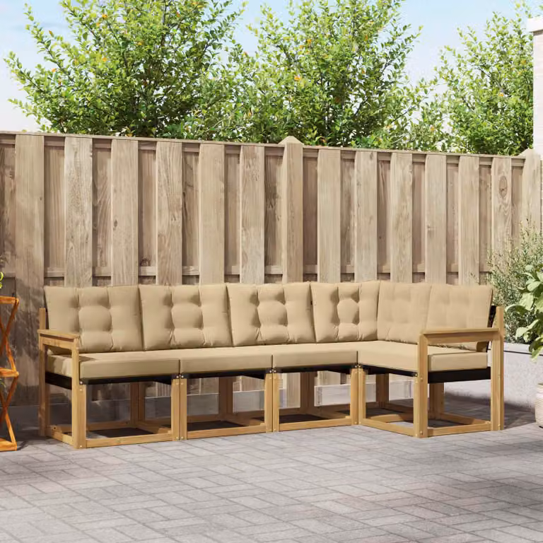 Set di divani da esterno vidaXL a forma di L in legno di acacia con cuscini beige e marrone