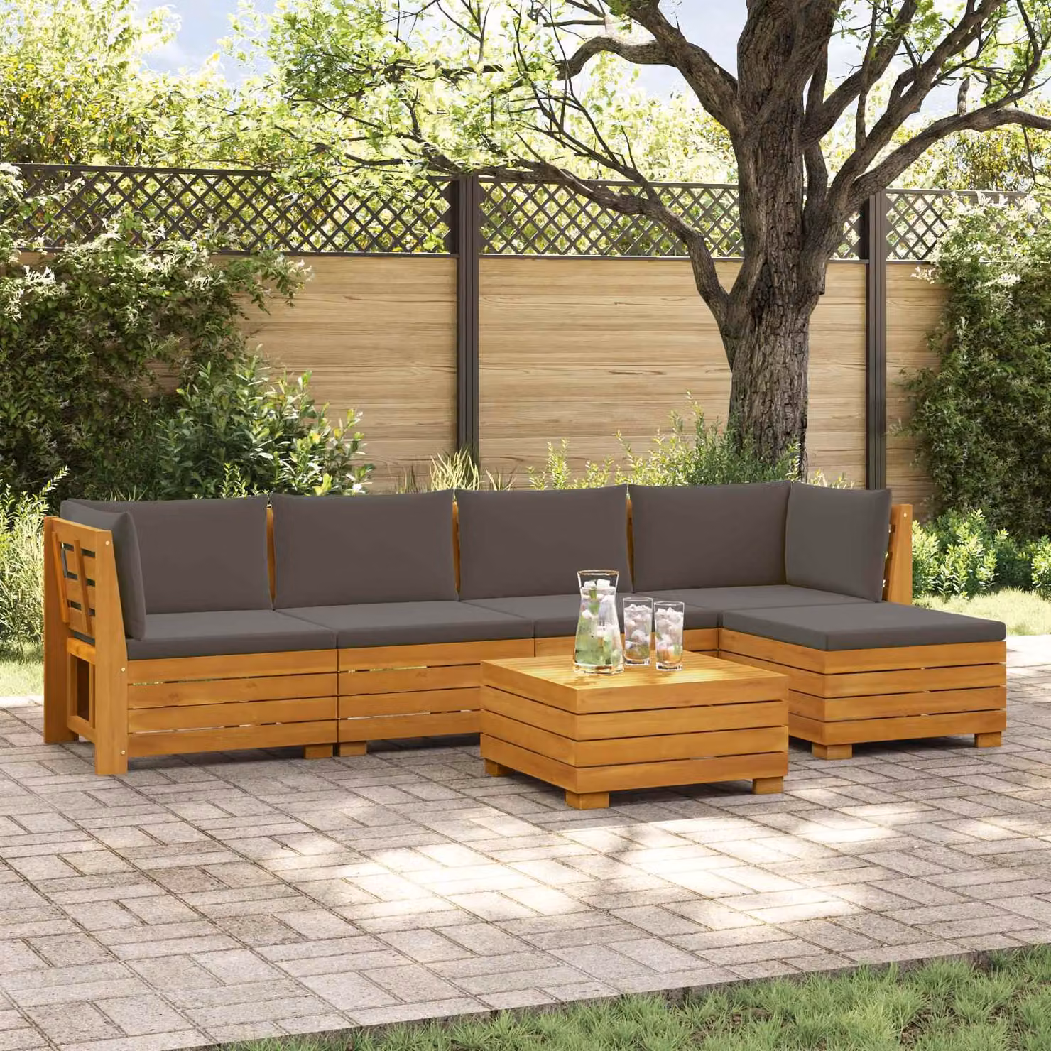 Set di divani da esterno vidaXL in legno di acacia massello marrone con cuscini inclusi e tavolino da giardino a forma di L