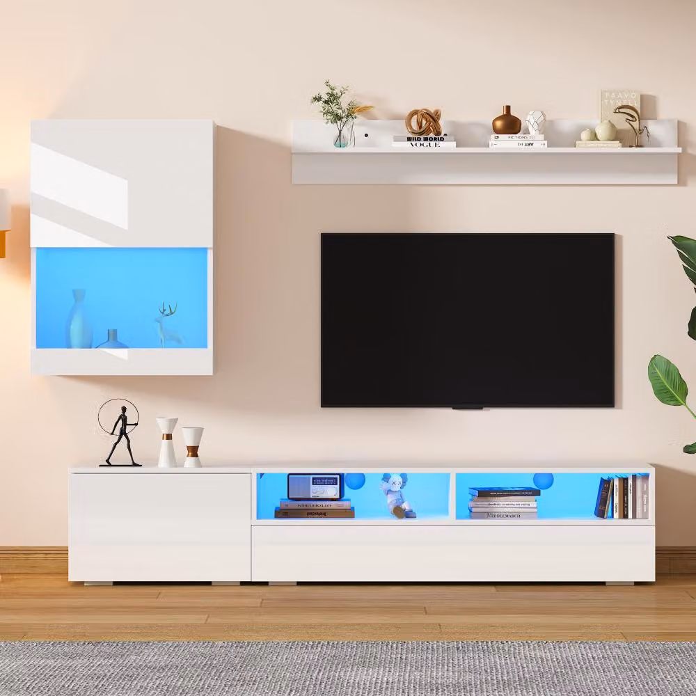 Set di mensole a parete in bianco lucido - 3 pezzi - 175x39x34 cm - con illuminazione a LED e sistema di chiusura ammortizzata