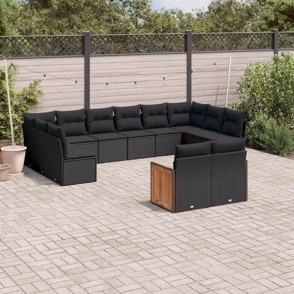 vidaXL Set di Divani da Giardino 12 Pezzi in Polyrattan Nero con Cuscini e Struttura in Legno di Acacia – 1