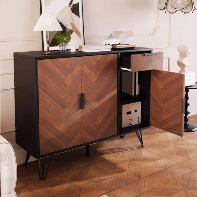 Credenza moderna con 1 cassetto e ripiani regolabili in MDF e metallo, nero e marrone, per soggiorno, camera da letto o corridoio, L: 90 cm, P: 30 cm, H: 71,5 cm