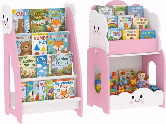 Libreria Modulare per Bambini 3-in-1 XYLO Rosa e Bianca con 4 Tasche e Comodino