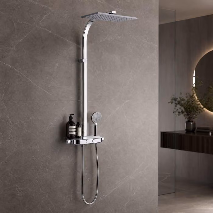Sistema doccia a parete Kronenbach, completo di termostato Smart Push e ripiano in vetro