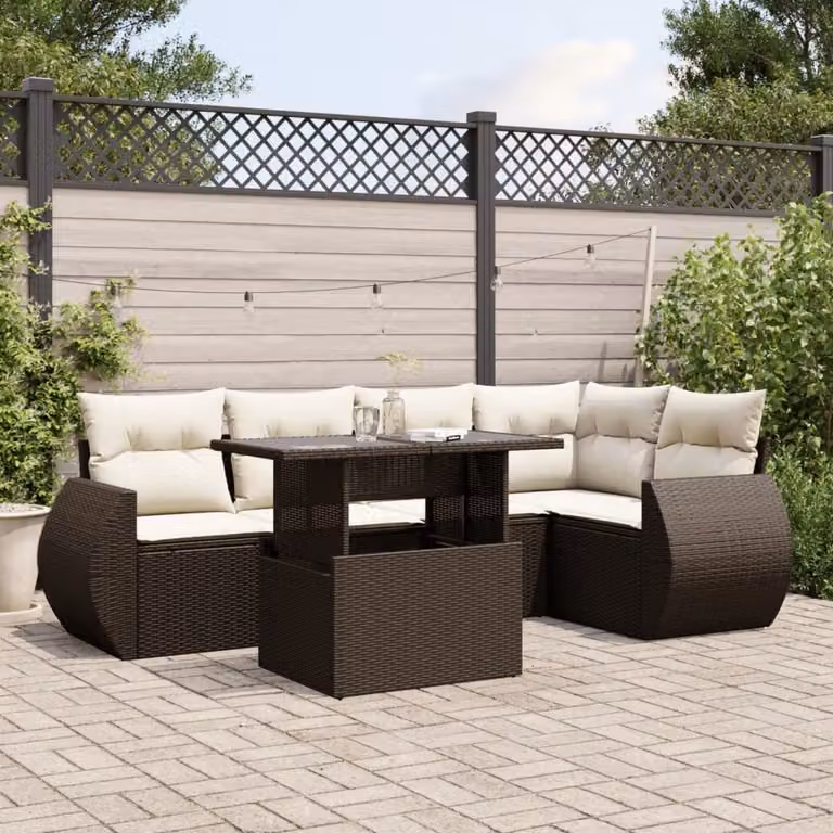 vidaXL Set Divano da Giardino a L 6 pz in Polyrattan Marrone e Bianco con Cuscini e Tavolino