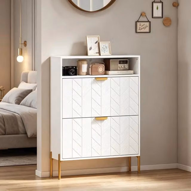 Mobile portascarpe moderno WISHDOR bianco e oro con scomparti a ribalta e scaffale aperto per ingresso, H 110 cm x L 80 cm x P 23,7 cm