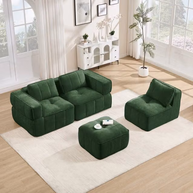 Divano modulare senza telaio in poliestere con pouf; schiuma 32D; verde