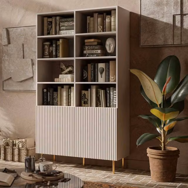 Libreria Estarreja, Mobile portalibri con vani aperti e due ante, Rialzato da terra, 100x42 h177 cm, Beige