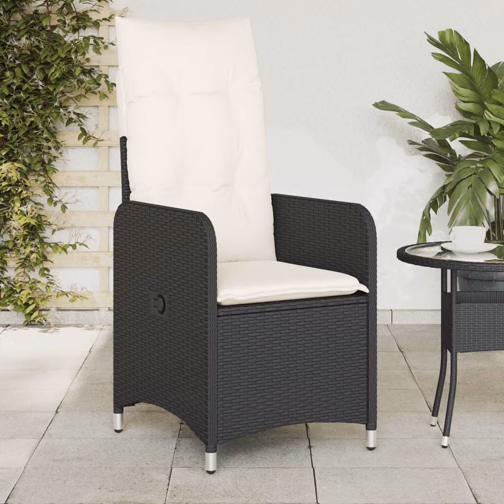 Sedia Reclinabile da Giardino con Cuscini vidaXL in Polyrattan e Metallo, Colore Nero e Bianco