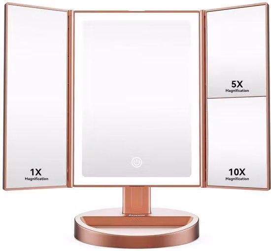 Specchio da trucco con luce, ingrandimento 10x/5x/1x, 3 tonalità di luce, illuminazione a LED, ricaricabile tramite USB, pieghevole, oro rosa
