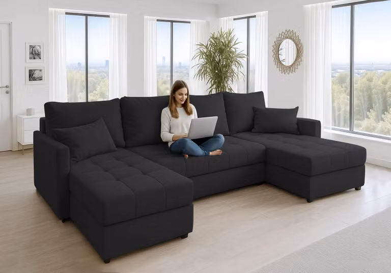AX LIVING Divano angolare grande Dolceo 287 cm - Divano nero con funzione letto