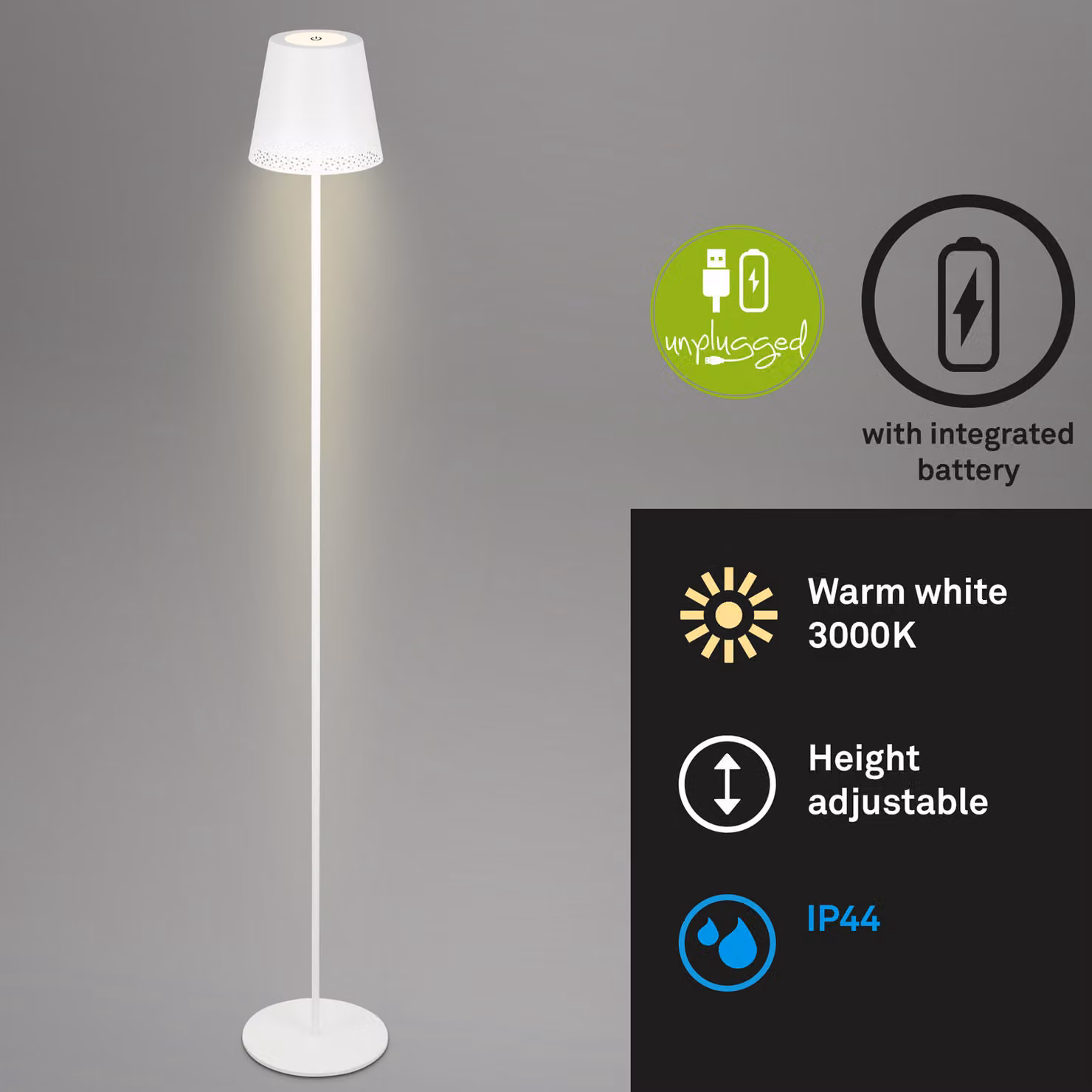 BRILONER Lampada da terra LED senza fili, protezione dagli spruzzi d'acqua IP44, funzione touch, installabile a 3 altezze, dimmerabile, bianco, 19 x 130 cm
