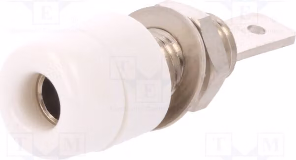 1 connettore a morsetto da 70 VDC, connettore a banana da 4 mm, bianco, 33 VAC, placcato in nichel, 32 A, isolato, modello IBU 5568 NI / WS