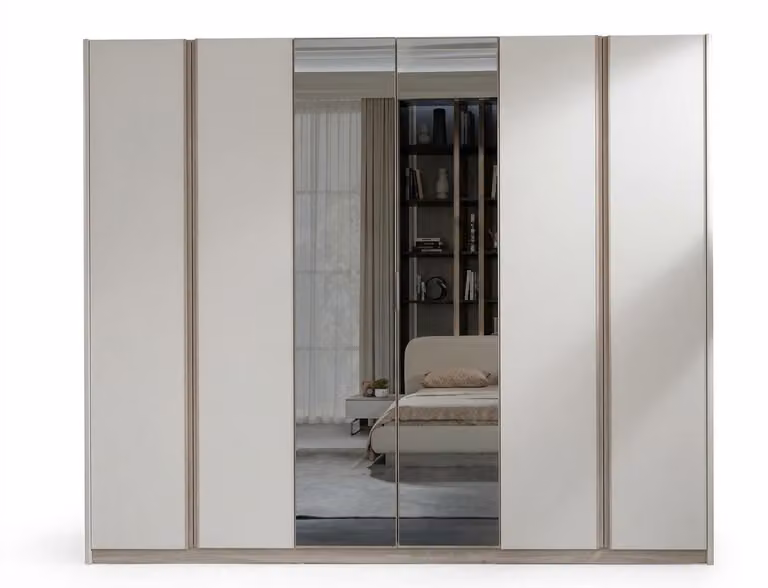 Armadio beige moderno, elegante, mobile contenitore, armadio con specchio, camera da letto