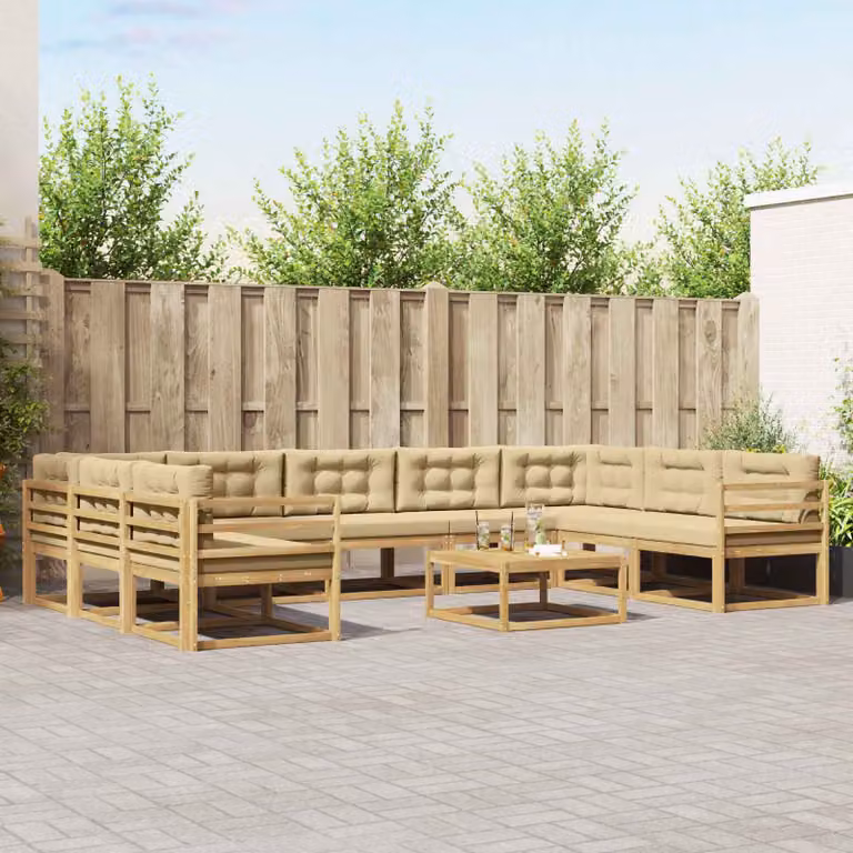 vidaXL Set di divani da esterno a L in legno di acacia con cuscini Bianco e Beige