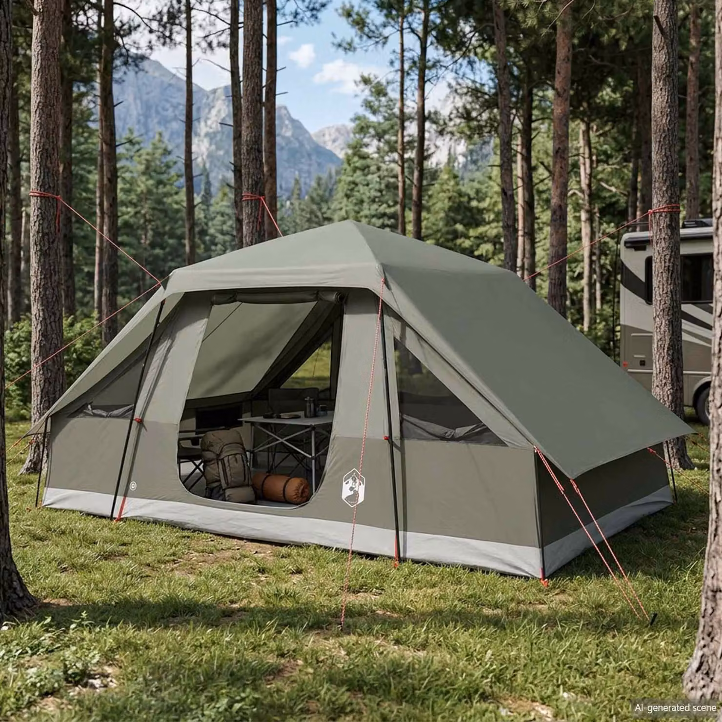 Tenda familiare vidaXL verde con telo da pioggia impermeabile in poliestere e acciaio