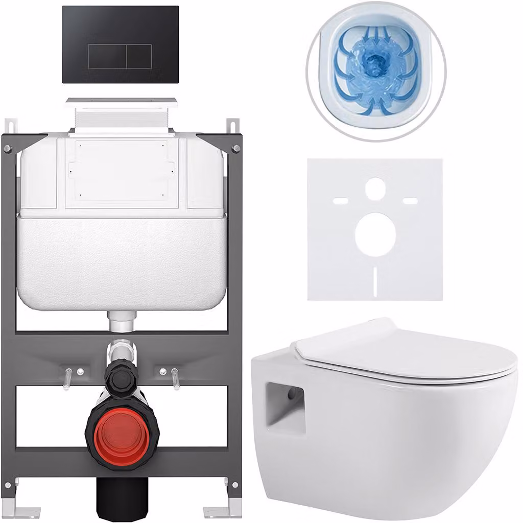 Set completo per WC sospeso Dure - bianco lucido - pulsante Prime/Modulo, nero - comando superiore - installazione a muro/cartongesso - 51x35 cm