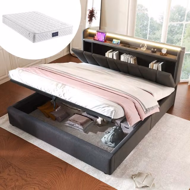 Letto contenitore 140 × 200 cm con testiera imbottita; prese USB e Type-C; LED RGBW; rete a doghe; grigio