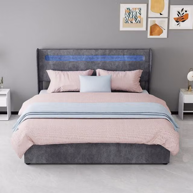 Letto basso con testiera regolabile e LED multicolore 160 x 200 cm in tessuto e metallo grigio