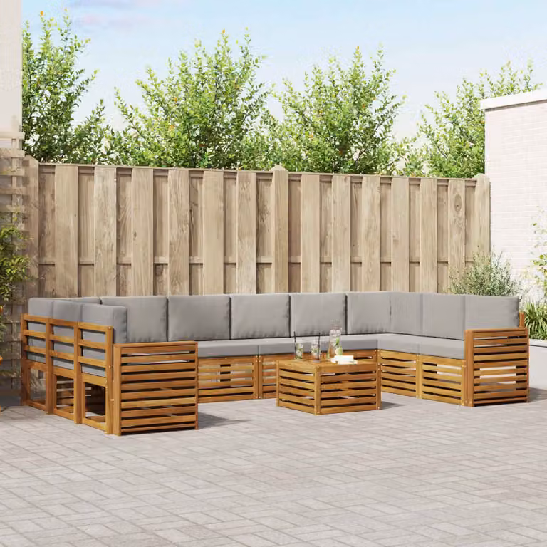 vidaXL Set di divani da esterno moderno a L in legno di acacia con cuscini, 11 pezzi, Grigio e Marrone