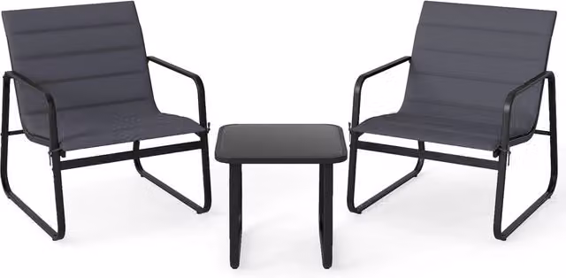 Set bistrò da esterno moderno 3 pezzi in acciaio verniciato nero con piano in vetro temperato e cuscini rimovibili