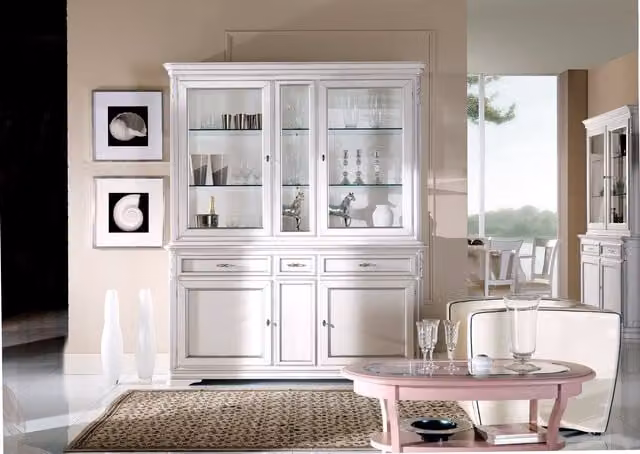 Cristalliera shabby chic in legno massello con ante in vetro e 3 cassetti bianco opaco Mobili 2G L: 180 cm, P: 50 cm, H: 220 cm