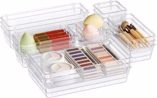 Set di 21 organizer per cassetti Unyqoos®, contenitori in plastica trasparente di 4 dimensioni (8x7,62x7,62x4,57 cm; 8x15,24x7,62x4,57 cm; 2x22,86x7,62x4,57 cm; 3x22,86x15,24x4,57 cm) per cucina, bagno o ufficio