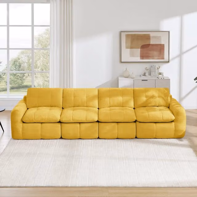 Divano modulare 4 posti in chenille con seduta ampia e profonda, cuscini morbidi e senza montaggio giallo