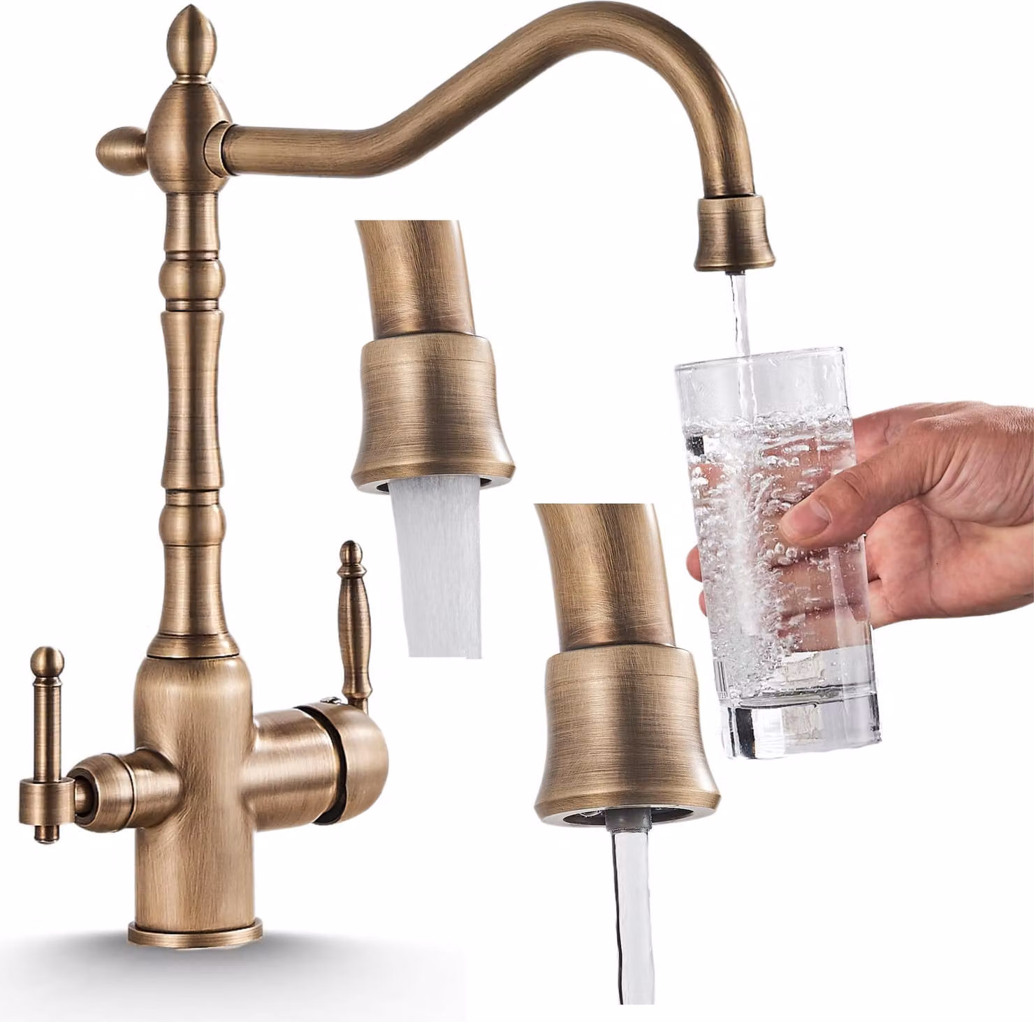 Rubinetto da cucina a 3 vie Ari Retro 2, ottone antico, beccuccio girevole 360 gradi, collegamento per filtro acqua, cartuccia Vetroceramica