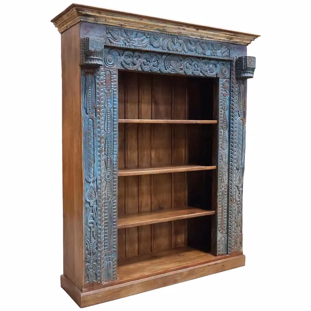 Libreria in legno WANDERLUST DECO con design geometrico ed etnico, blu e marrone, L: 180 cm, P: 55 cm, H: 217 cm – 2