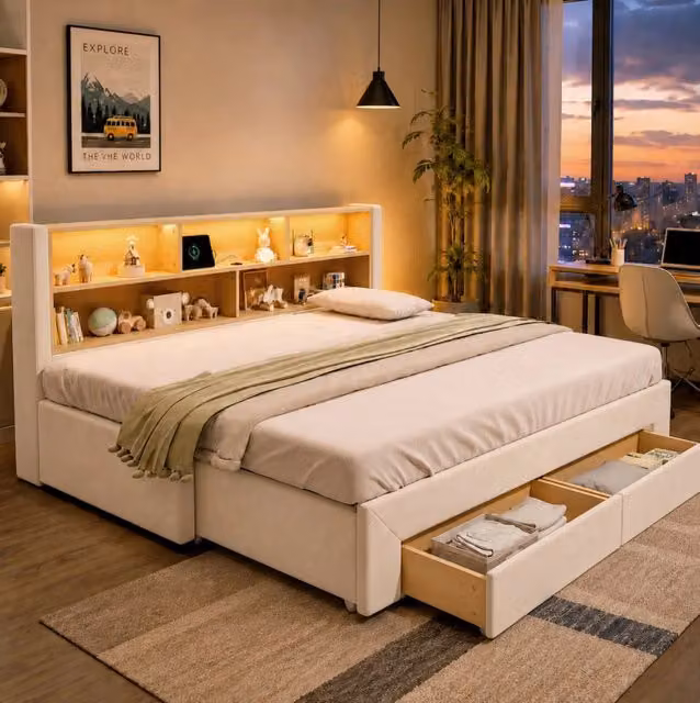 Letto daybed estraibile 90x200 cm con cassetti; prese USB e luce LED; in velluto beige