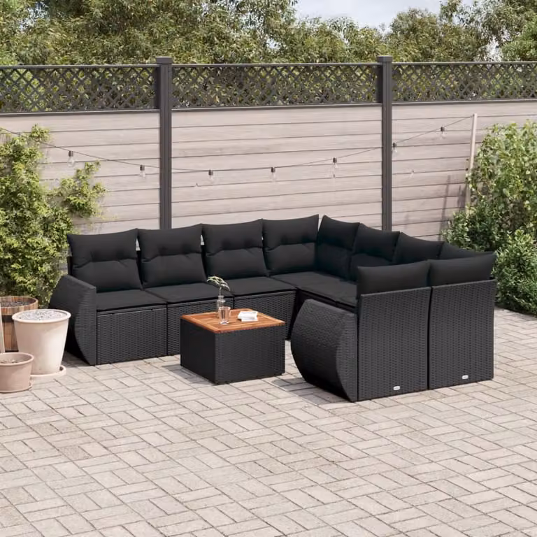 Set di divani da giardino vidaXL in polyrattan nero con cuscini, 9 pezzi