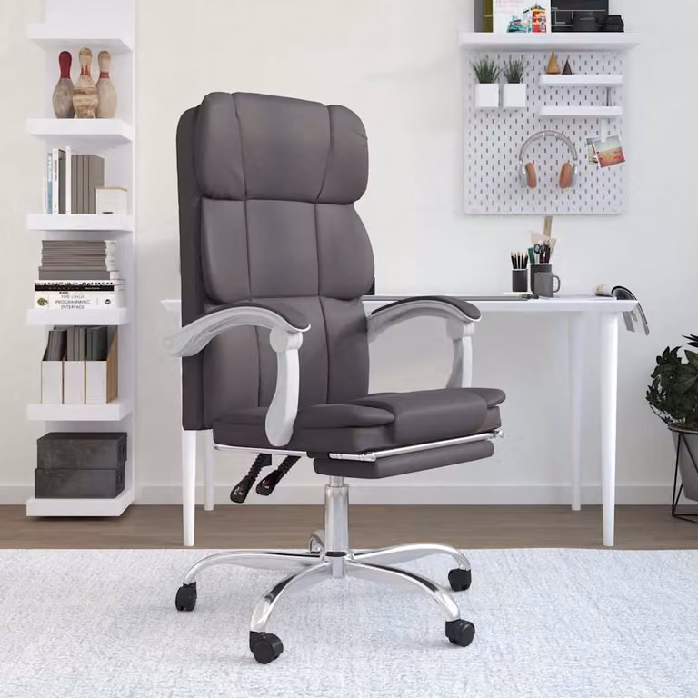 vidaXL Poltrona da Ufficio Executive Reclinabile in Similpelle Grigia con Poggiatesta e Ruote L/P/H: 63 x 76.7 x 122 cm
