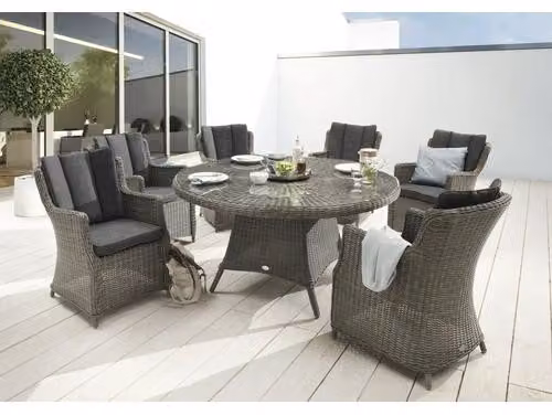 Gruppo di sedute Destiny Luna 6 poltrone + tavolo Ø150x75cm, polyrattan, grigio vintage