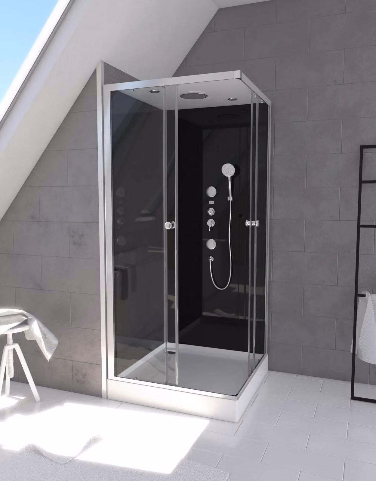 Doccia completa MARWELL Doccia completa Black Square 90 x 90 x 215 cm - Doccia in set completo incluso piatto doccia e rubinetto - Doccia ad angolo con accesso angolare