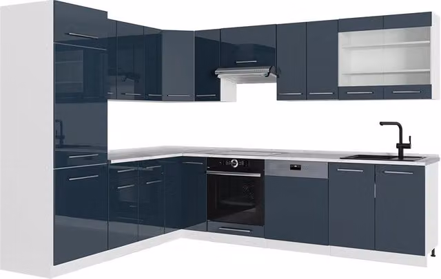 Cucina angolare moderna Vicco Fame-Line Blu scuro lucido e Bianco con piano effetto marmo, L: 287 cm, P: 227 cm
