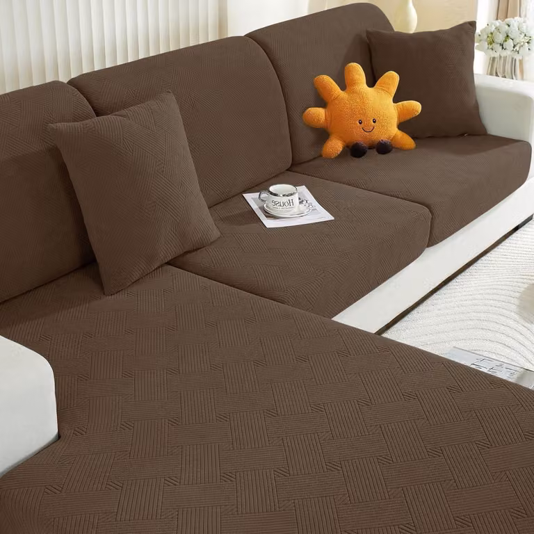 Copertura per cuscino da seduta elasticizzata, color marrone, per 1 posto * 3 posti + chaise longue. Design geometrico, antiscivolo, protezione a 360°
