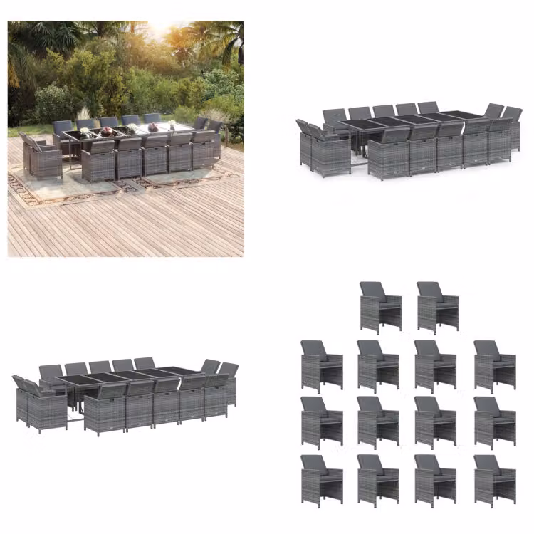 vidaXL Set da pranzo da giardino 15 pezzi con cuscini in poly rattan grigio - Set da pranzo da giardino - Set da pranzo da giardino - Set da pranzo in poly rattan - Set da pranzo da esterno