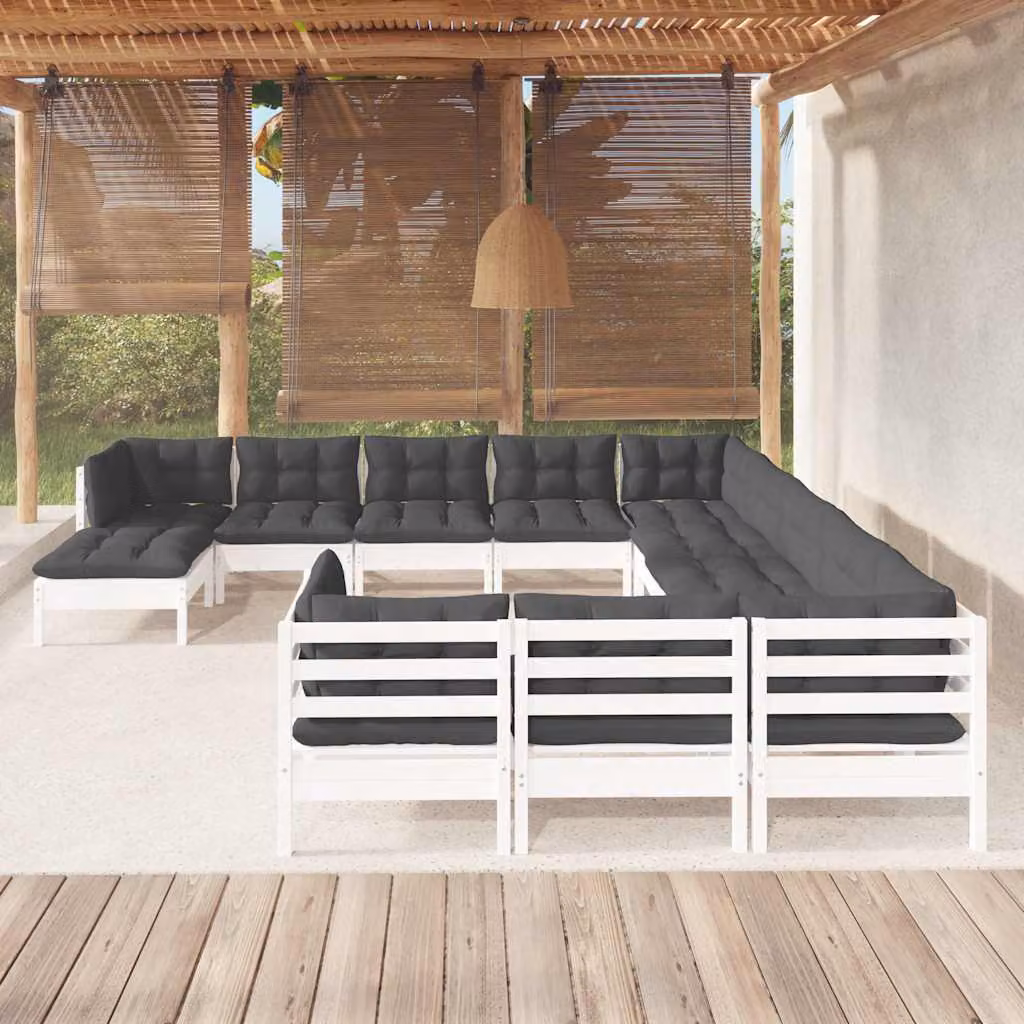 Set di divani da giardino vidaXL a forma di L in legno di pino con cuscini bianchi e antracite