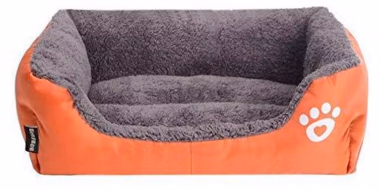 Cuccia per cani, cuccia per gatti, cuscino reversibile, arancione, con bordo alto e motivo a impronte di zampe