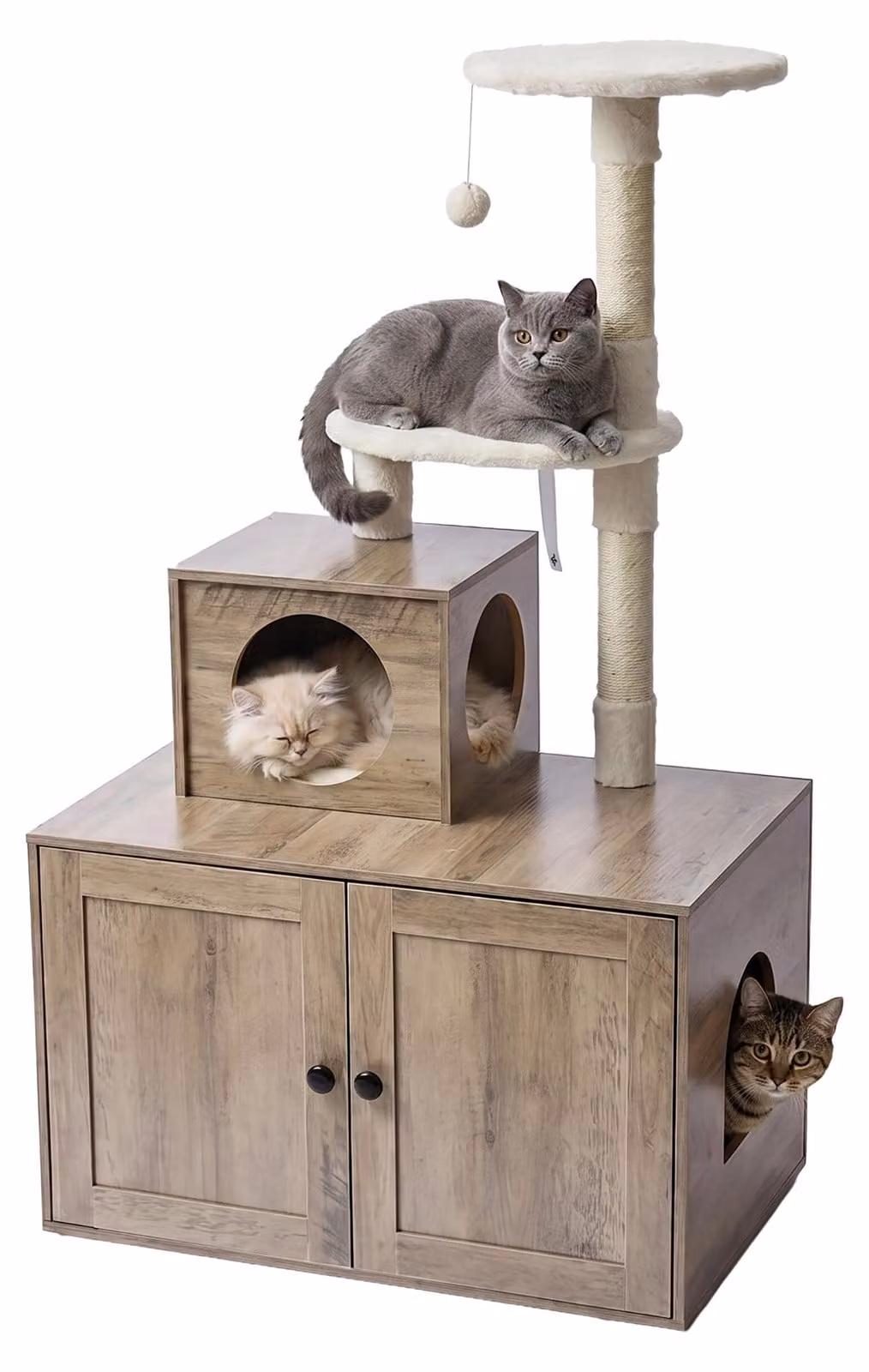 Relaxdays, tiragraffi per gatti con armadietto per la lettiera, dimensioni: 133x78x49 cm, pali in sisal e cuccia, aspetto legno, torre per gatti, color marrone chiaro